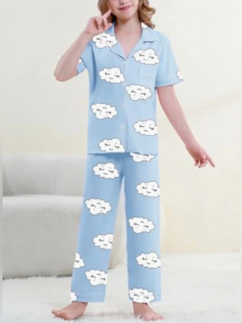 Girls 100% Cotton Button Down Short Sleeve Pajama Set